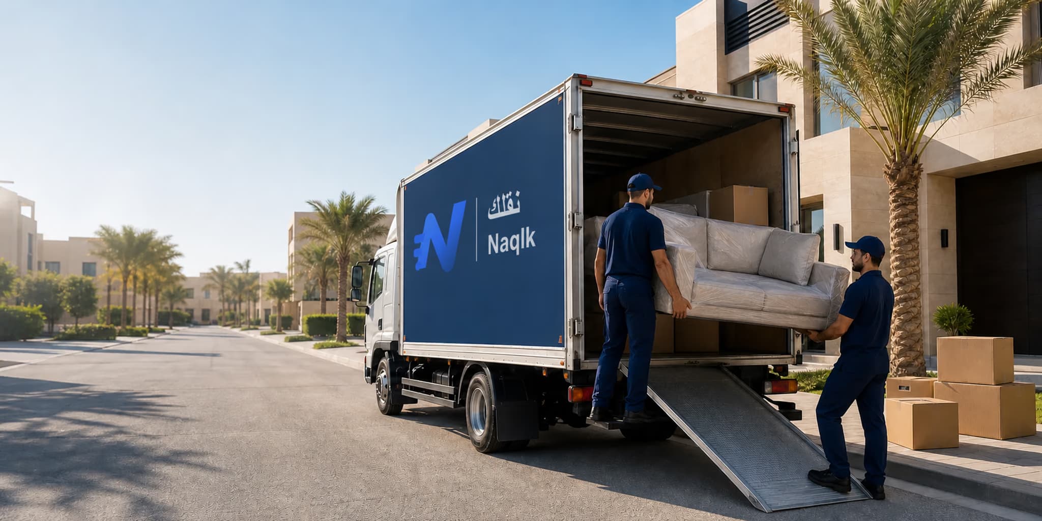 فريق نقل يحمّل الأثاث في شاحنة نقلك داخل الرياض